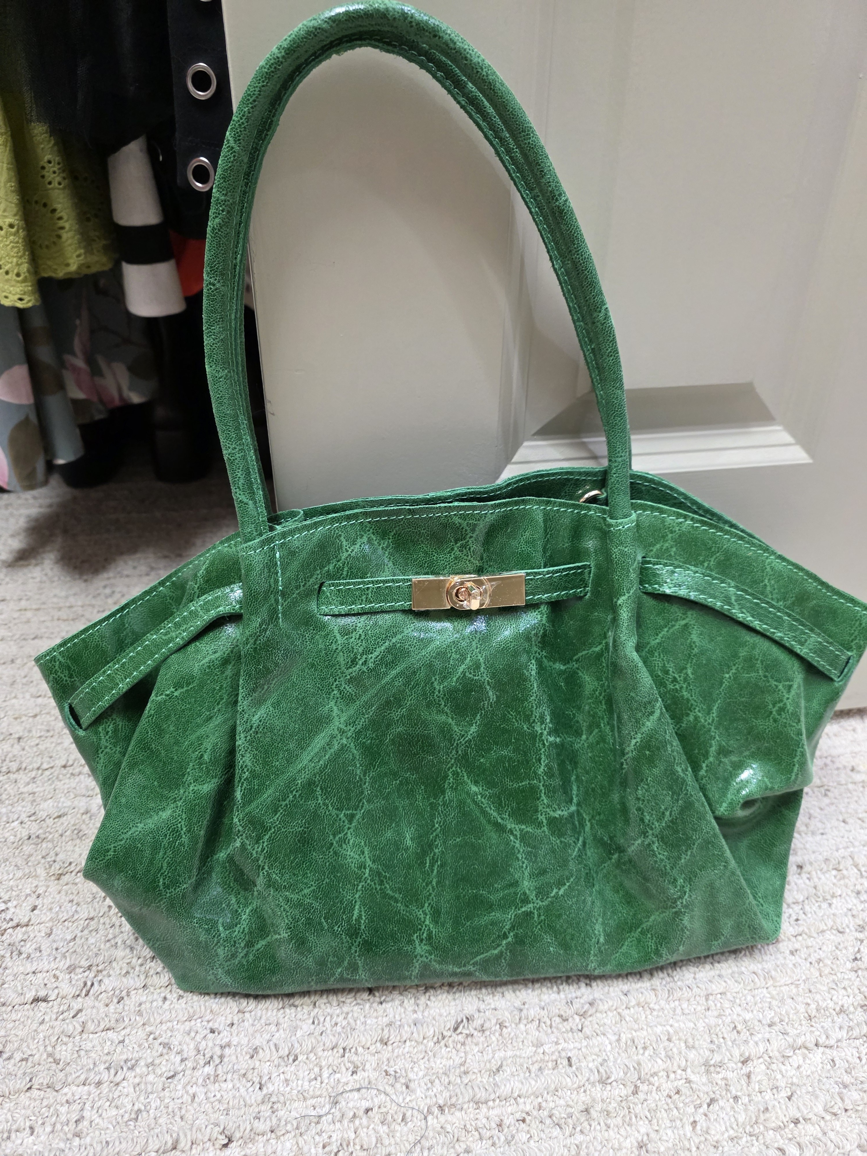 Green Leather Tote Handbag With Gold Hardware
